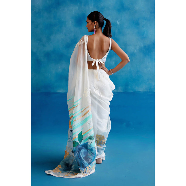 Devnaagri White & Blue Silk Hand Painted Embroidered Saree with Stitched Blouse