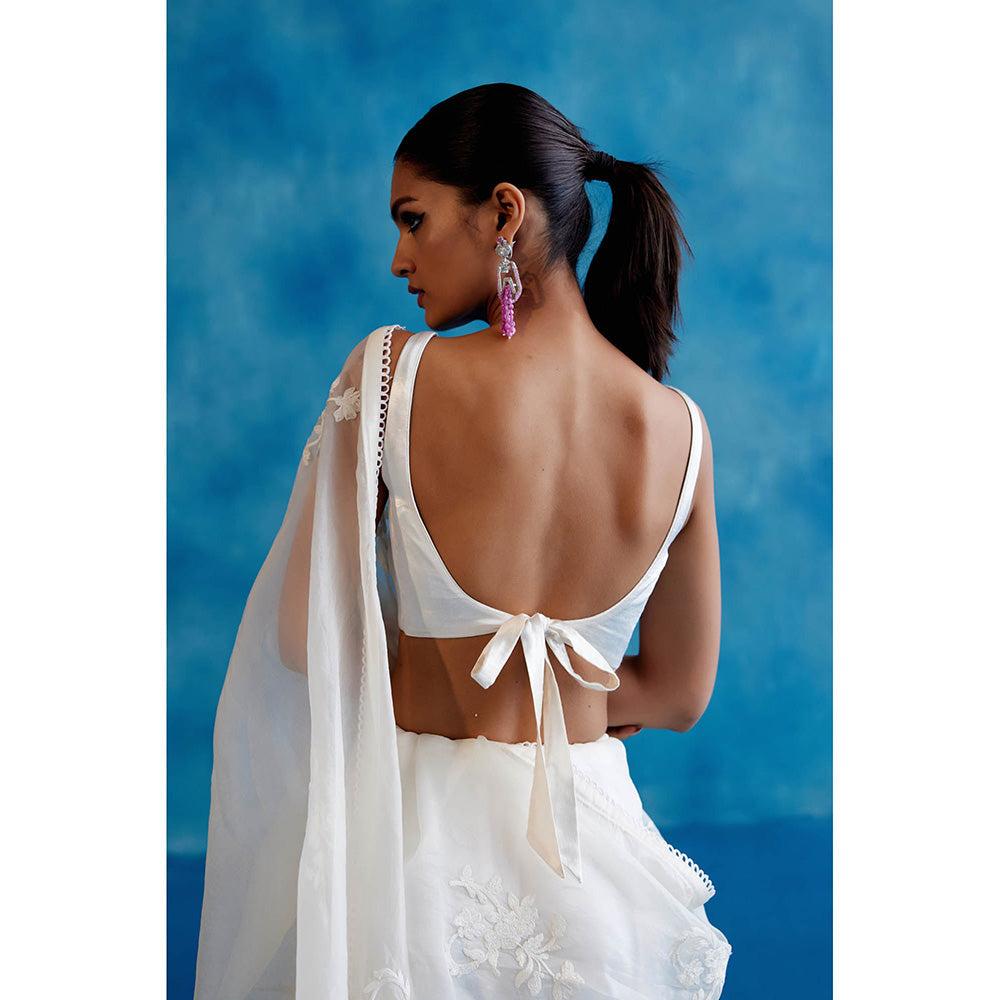 Devnaagri White & Blue Silk Hand Painted Embroidered Saree with Stitched Blouse