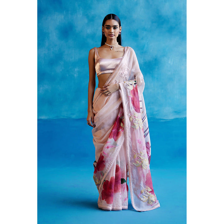 Devnaagri Pink & Red Silk Hand Painted Embroidered Saree with Stitched Blouse