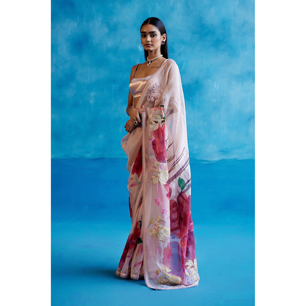 Devnaagri Pink & Red Silk Hand Painted Embroidered Saree with Stitched Blouse