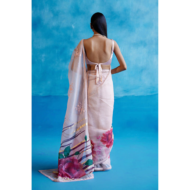 Devnaagri Pink & Red Silk Hand Painted Embroidered Saree with Stitched Blouse