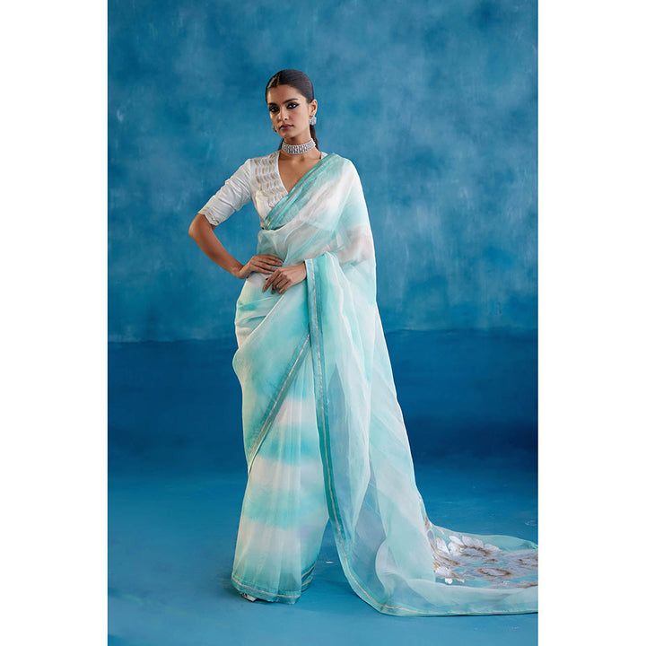 Devnaagri Aqua Blue Silk Organza Hand Painted Saree with Stitched Blouse