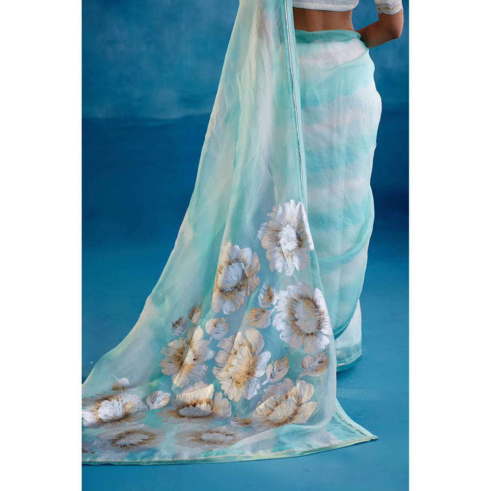 Devnaagri Aqua Blue Silk Organza Hand Painted Saree with Stitched Blouse