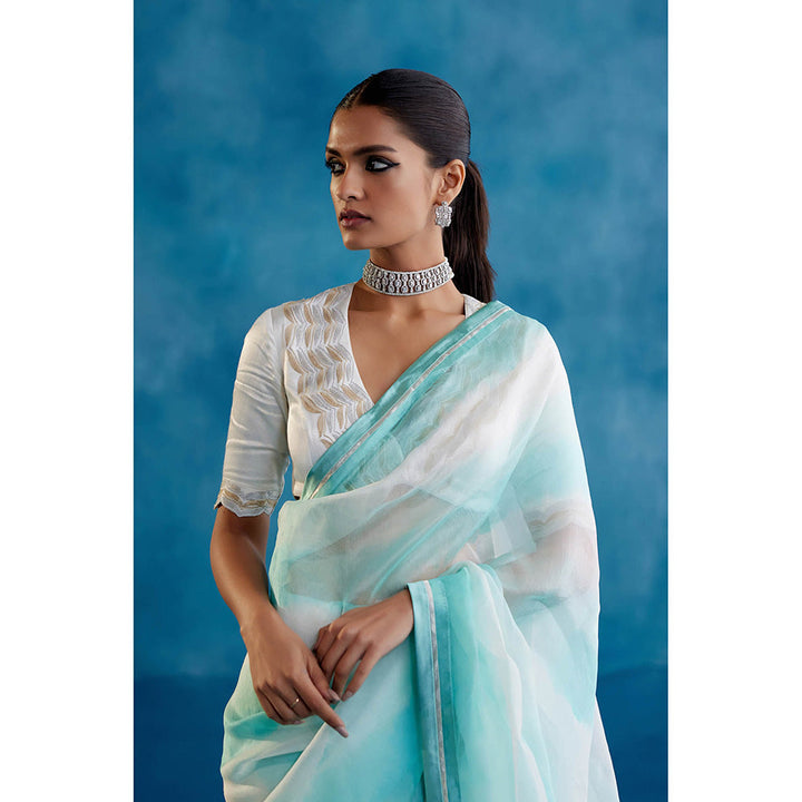 Devnaagri Aqua Blue Silk Organza Hand Painted Saree with Stitched Blouse