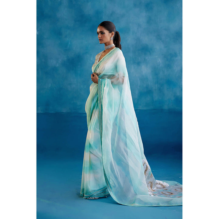 Devnaagri Aqua Blue Silk Organza Hand Painted Saree with Stitched Blouse