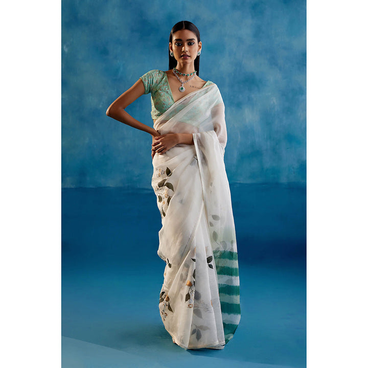 Devnaagri White Silk Organza Hand Painted Saree with Stitched Blouse