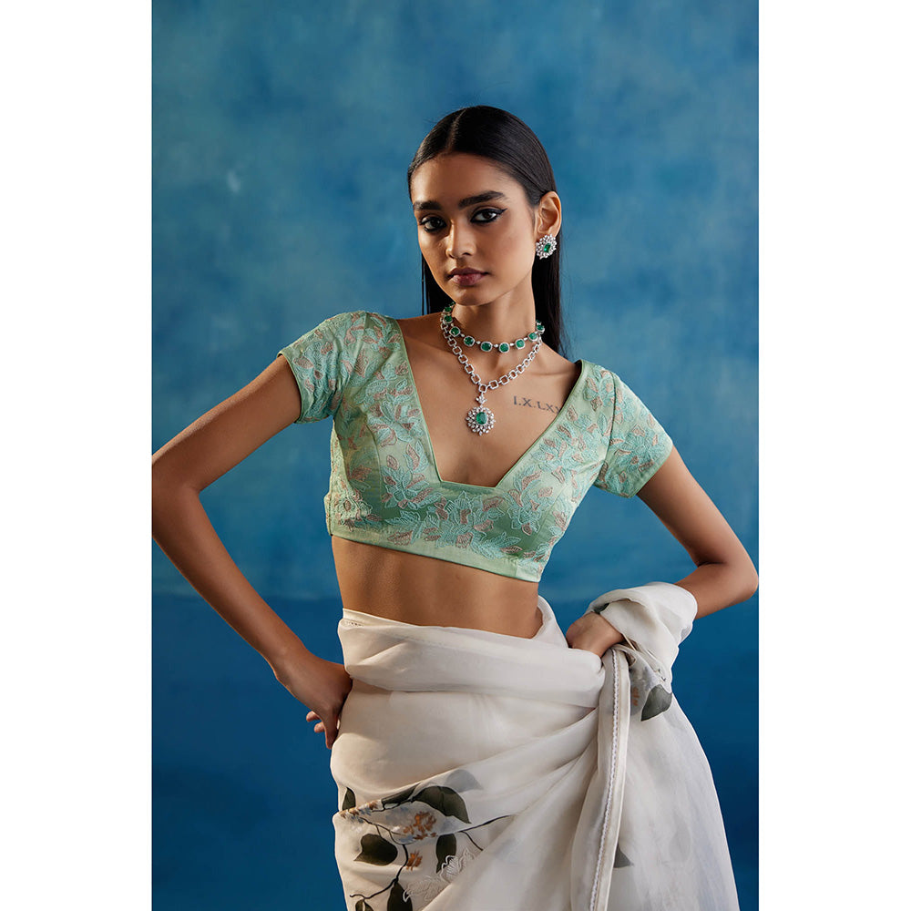 Devnaagri White Silk Organza Hand Painted Saree with Stitched Blouse