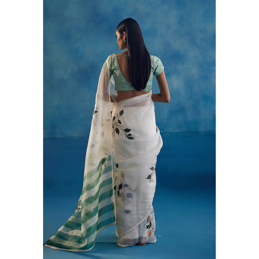 Devnaagri White Silk Organza Hand Painted Saree with Stitched Blouse