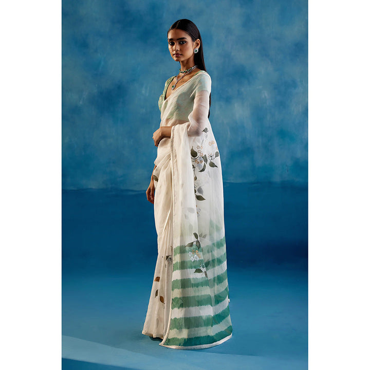 Devnaagri White Silk Organza Hand Painted Saree with Stitched Blouse