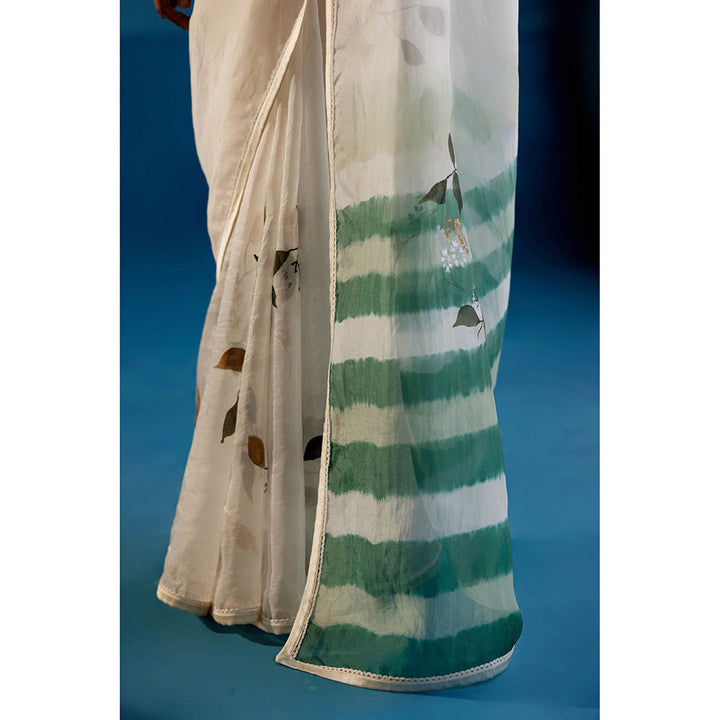 Devnaagri White Silk Organza Hand Painted Saree with Stitched Blouse