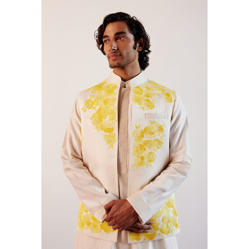 Devnaagri Ivory Chanderi Kurta With Pant and Bundi jacket (Set of 3)