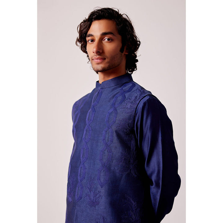 Devnaagri Navy Blue Kurta With Pant And Bundi jacket (Set of 3)