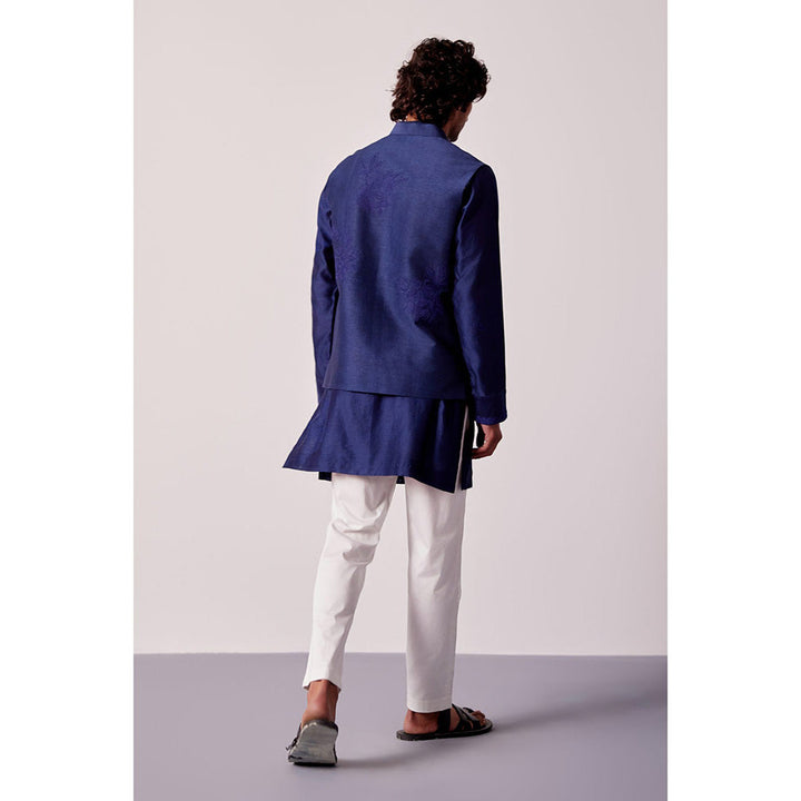 Devnaagri Navy Blue Kurta With Pant And Bundi jacket (Set of 3)