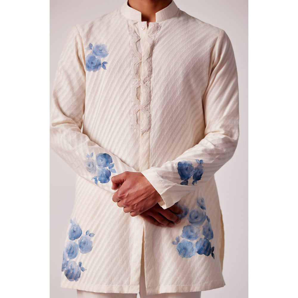 Devnaagri Ivory Stripe Hand Painted Kurta With Pant (Set of 2)