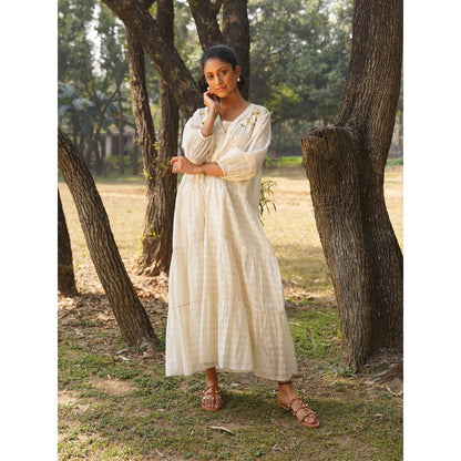 Dhaari by Deepika Handwoven Dress with Hand Embroidery Kantha with Pearls Neckline