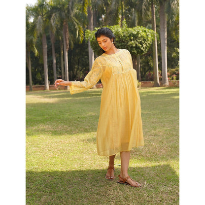 Dhaari by Deepika Handwoven Dress with Hand Paint & Kantha Embroidery & Pearls Neckline