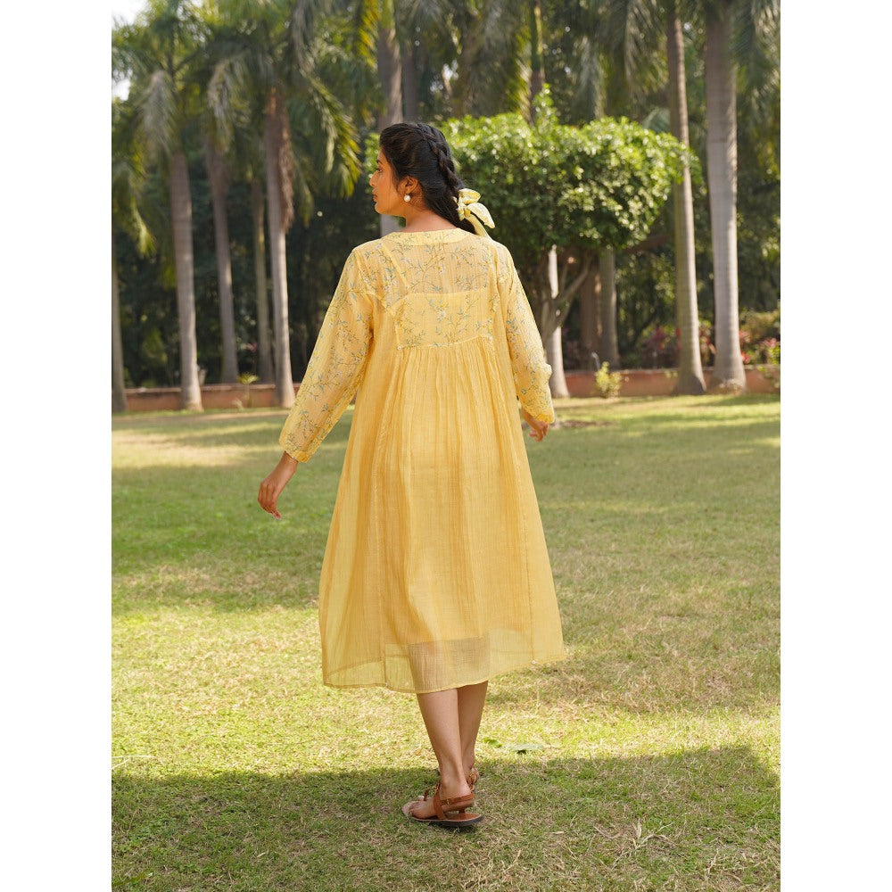 Dhaari by Deepika Handwoven Dress with Hand Paint & Kantha Embroidery & Pearls Neckline