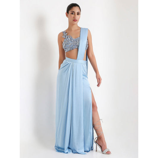 Disha Kahai Blue Stella Pre-Draped Saree with Stitched Blouse