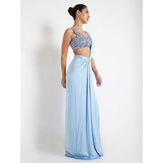 Disha Kahai Blue Stella Pre-Draped Saree with Stitched Blouse