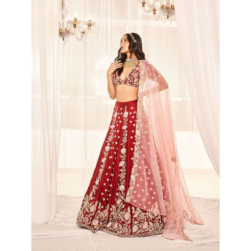 DISHA MUCHHALA Blood Red Bridal Lehenga with Blouse and Dupatta (Set of 3)