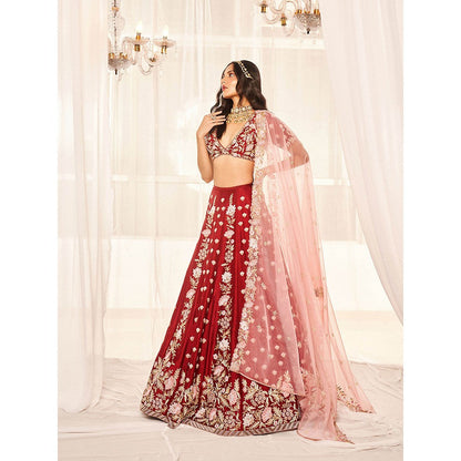 DISHA MUCHHALA Blood Red Bridal Lehenga with Blouse and Dupatta (Set of 3)