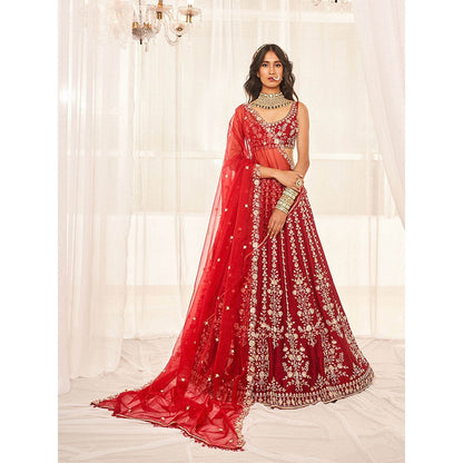 DISHA MUCHHALA Cherry Red Bridal Lehenga with Blouse and Dupatta (Set of 3)