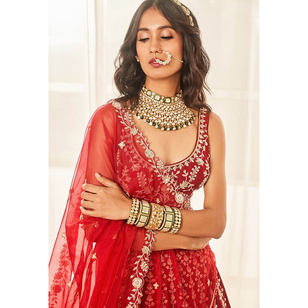 DISHA MUCHHALA Cherry Red Bridal Lehenga with Blouse and Dupatta (Set of 3)