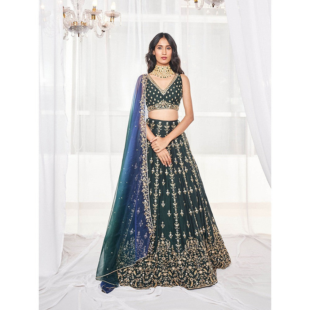 DISHA MUCHHALA Bottle Green Bridal Lehenga with Blouse and Dupatta (Set of 3)