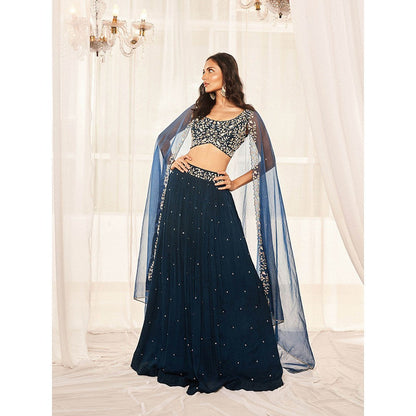 DISHA MUCHHALA Teal Blue Lehenga with Blouse and Dupatta (Set of 3)