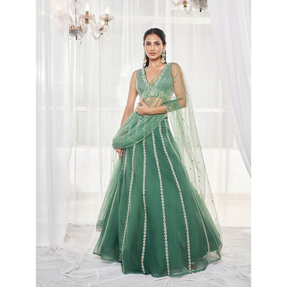 DISHA MUCHHALA Teal Green Lehenga with Blouse and Dupatta (Set of 3)