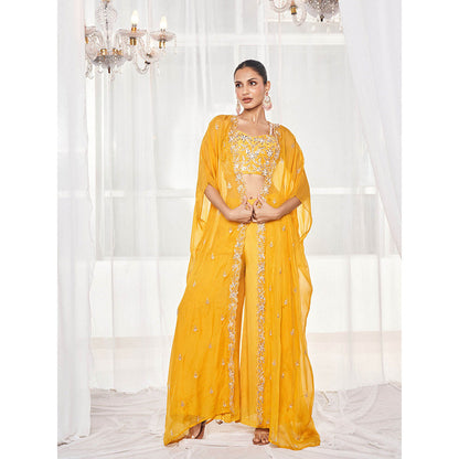 DISHA MUCHHALA Mustard Blouse with Palazzo with Cape (Set of 3)