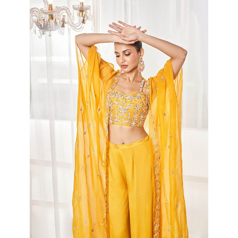 DISHA MUCHHALA Mustard Blouse with Palazzo with Cape (Set of 3)