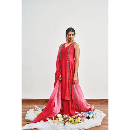DISHA MUCHHALA Crimson Pink Kalidar Embellished Kurta with Palazzo and Dupatta (Set of 3)