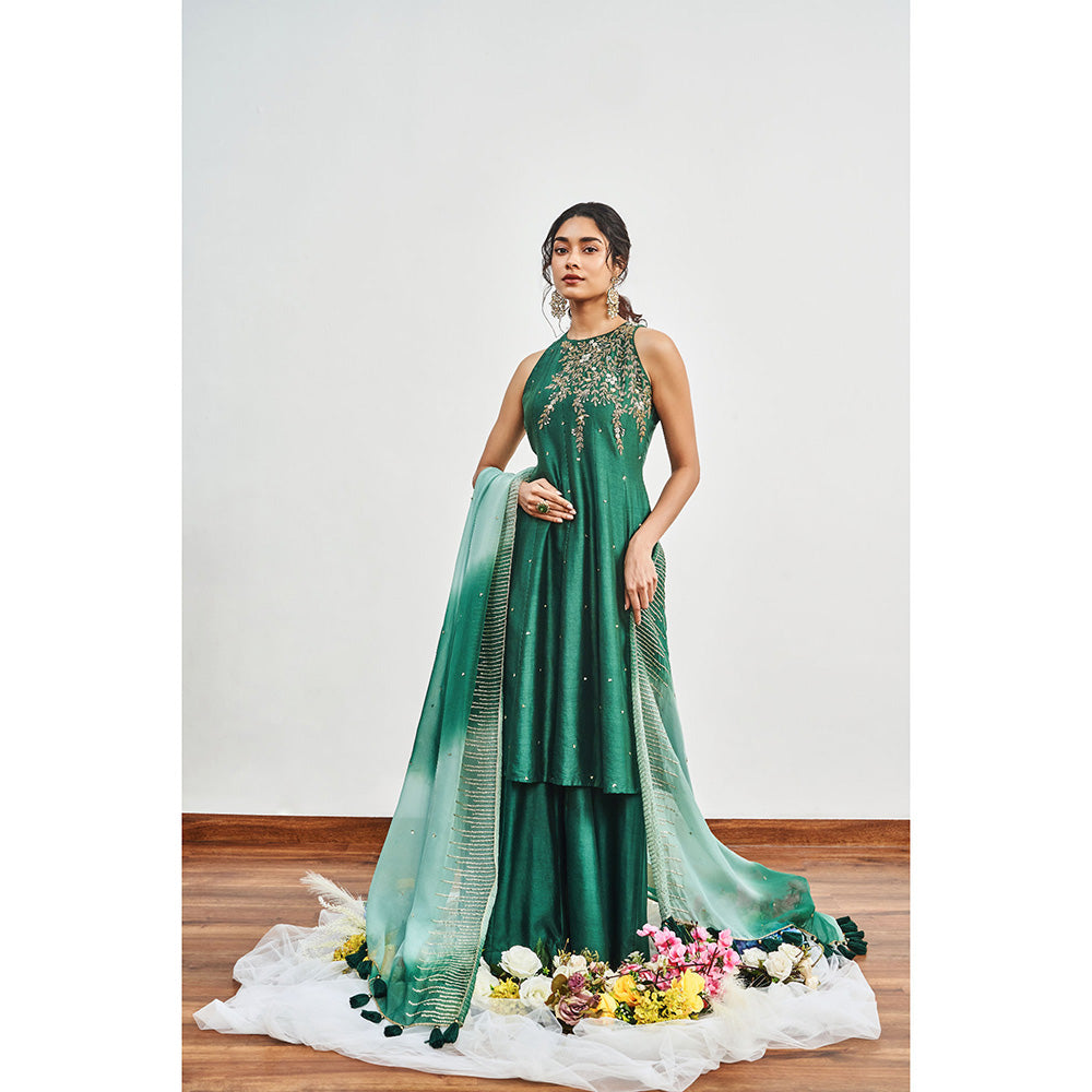 DISHA MUCHHALA Bottle Green Kalidar Embellished Kurta with Palazzo and Dupatta (Set of 3)