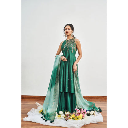 DISHA MUCHHALA Bottle Green Kalidar Embellished Kurta with Palazzo and Dupatta (Set of 3)