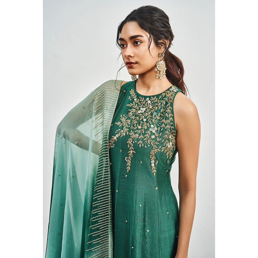 DISHA MUCHHALA Bottle Green Kalidar Embellished Kurta with Palazzo and Dupatta (Set of 3)