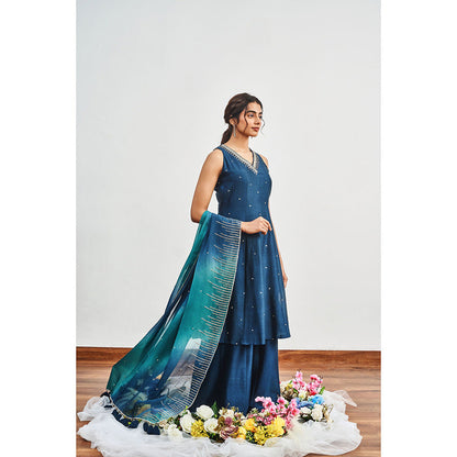 DISHA MUCHHALA Blue Kalidar Embellished Kurta with Palazzo and Dupatta (Set of 3)