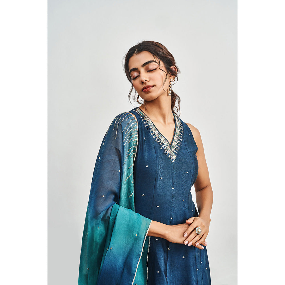 DISHA MUCHHALA Blue Kalidar Embellished Kurta with Palazzo and Dupatta (Set of 3)