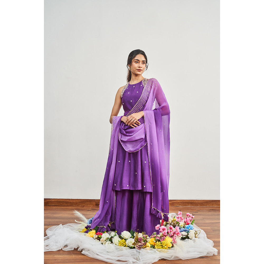 DISHA MUCHHALA Purple Kalidar Embellished Kurta with Palazzo and Dupatta (Set of 3)