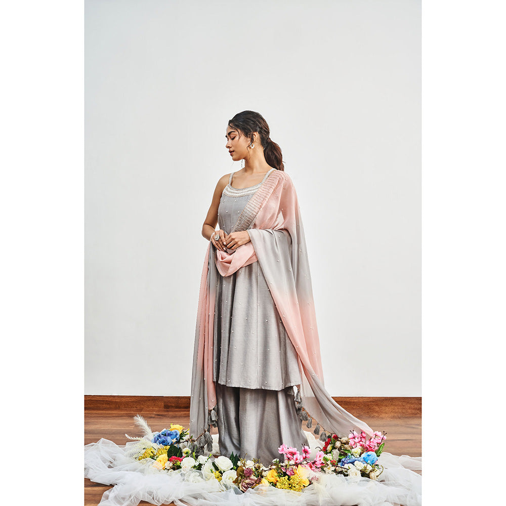 DISHA MUCHHALA Grey Kalidar Embellished Kurta with Palazzo and Dupatta (Set of 3)