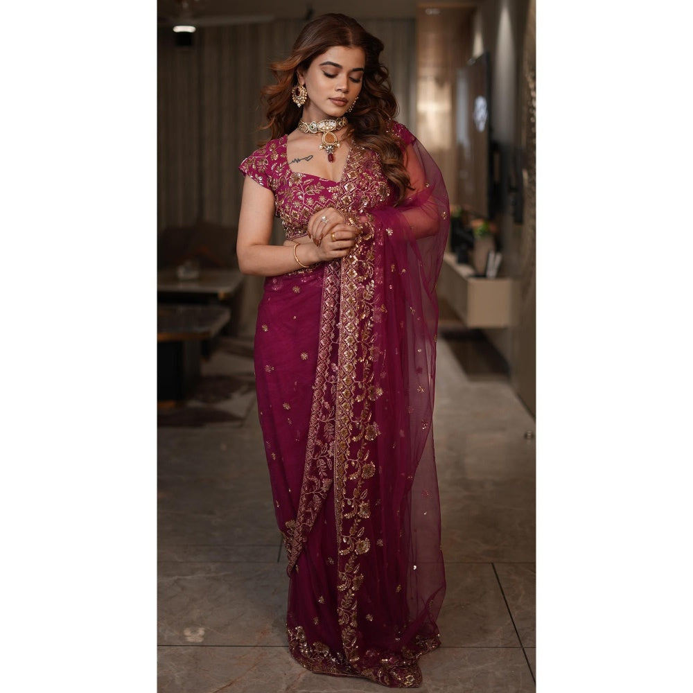 DIVYA SAMAL Blossom Magenta Pre-Draped Saree with Stitched Blouse