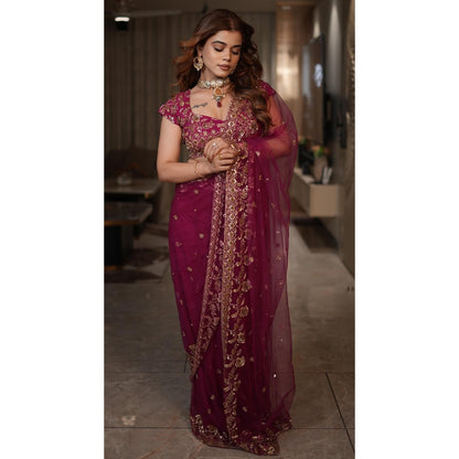 DIVYA SAMAL Blossom Magenta Pre-Draped Saree with Stitched Blouse