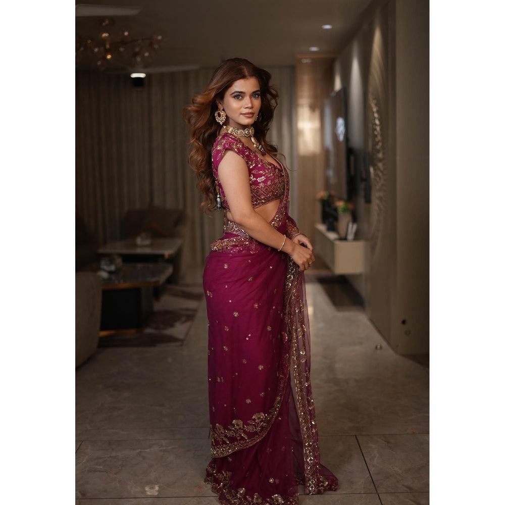 DIVYA SAMAL Blossom Magenta Pre-Draped Saree with Stitched Blouse