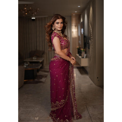 DIVYA SAMAL Blossom Magenta Pre-Draped Saree with Stitched Blouse