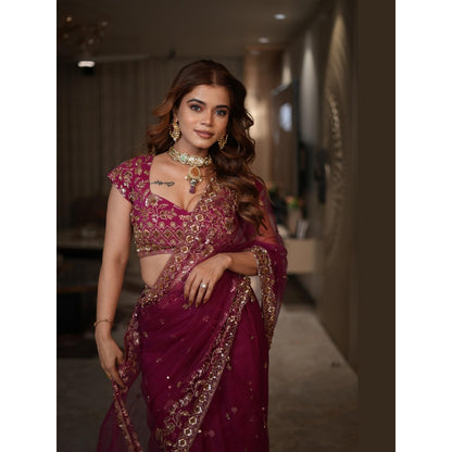DIVYA SAMAL Blossom Magenta Pre-Draped Saree with Stitched Blouse