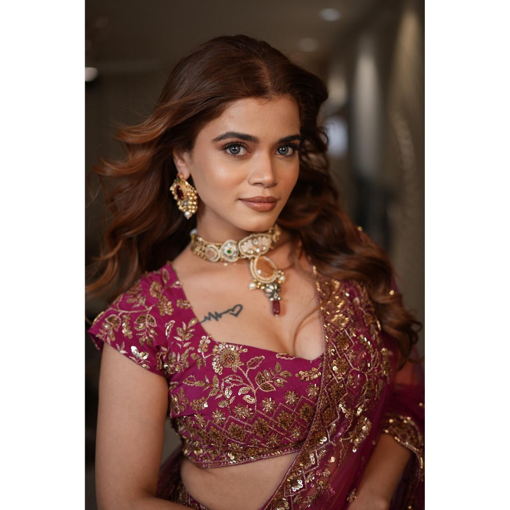 DIVYA SAMAL Blossom Magenta Pre-Draped Saree with Stitched Blouse
