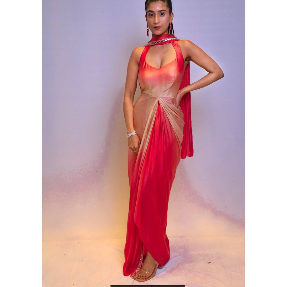 DIVYA SAMAL Red Ruhira Ombre Mirror Work Drape Dress with Dupatta