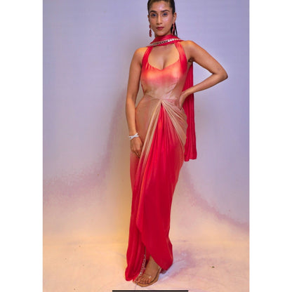 DIVYA SAMAL Red Ruhira Ombre Mirror Work Drape Dress with Dupatta