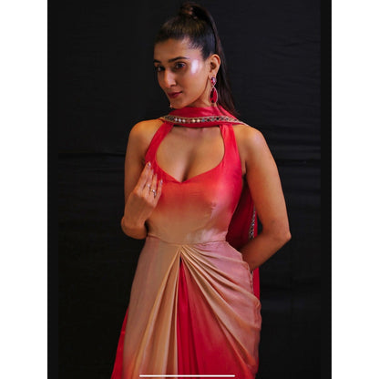 DIVYA SAMAL Red Ruhira Ombre Mirror Work Drape Dress with Dupatta