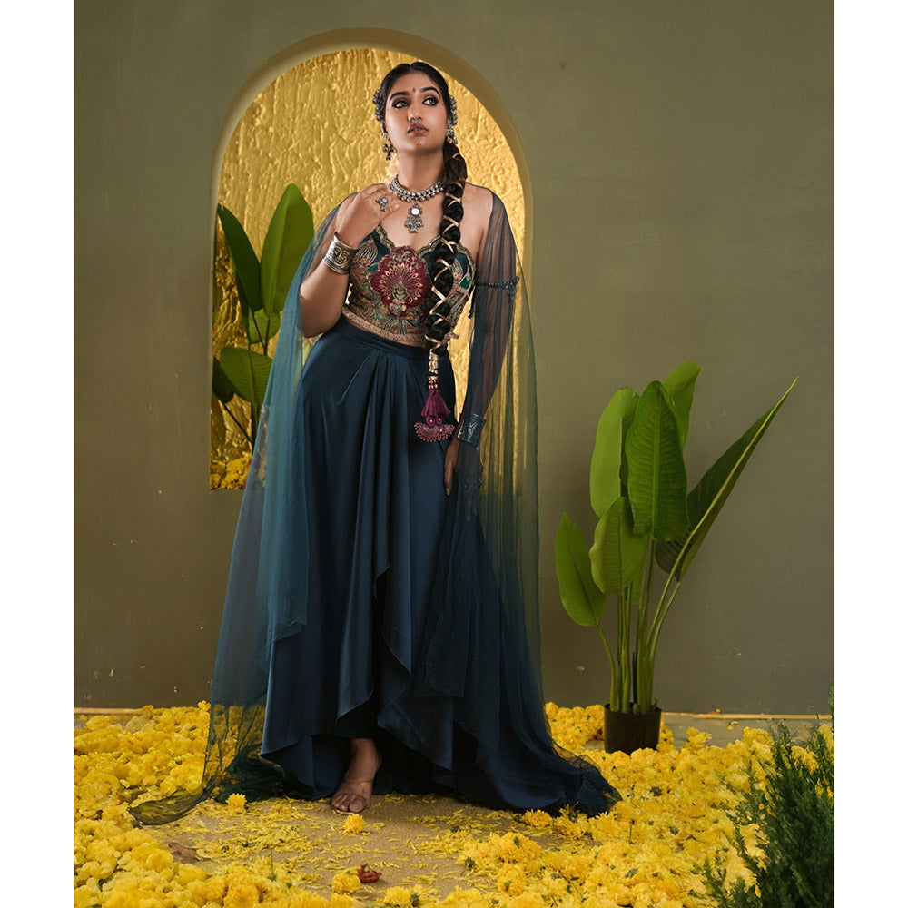 DIVYA SAMAL Teal Naaz Drape Palazzo and Corset with Cape